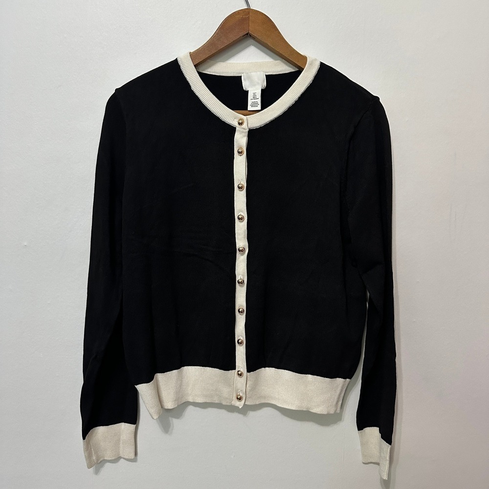 H&M Cardigan Sweater Womens Large Black White Excellent Gold Button